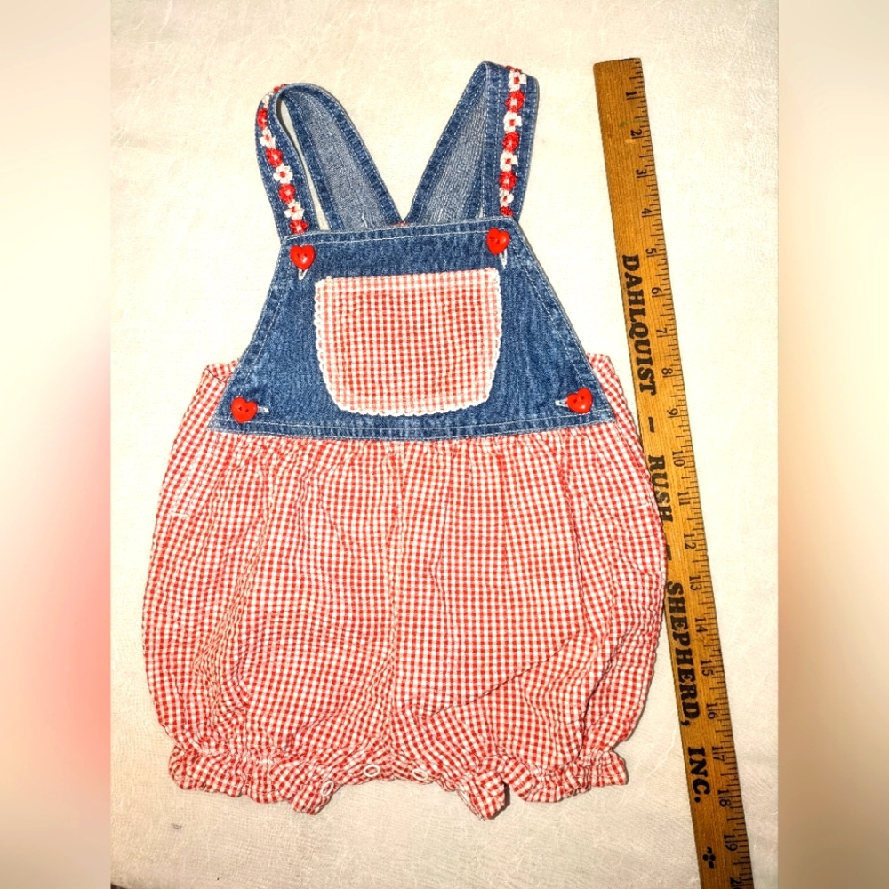 Vintage Red Check Denim Overalls Romper Brand Unknown Floral Embroider Front Poc